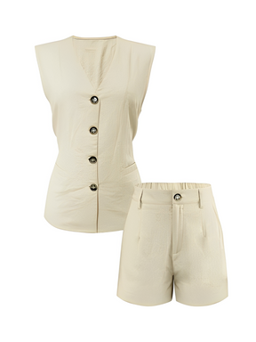 Conjunto Feminino de Linho com Colete de Amarração nas Costas e Bermuda de Cós Elástico - Eleanor