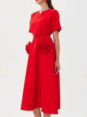Vestido Feminino Midi Elegante com Aplique de Flor Cinto e Decote em V - Matilda