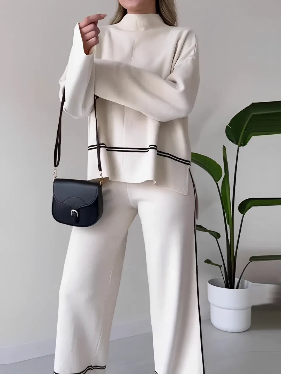 Conjunto Feminino Élise – Tricô com Suéter Mullet Gola Alta e Calça Cintura Alta Confortável