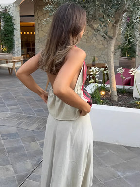 Conjunto Feminino em Linho com Blusa de Amarração Frontal Costas Abertas e Saia Longa Evasê - Isadora
