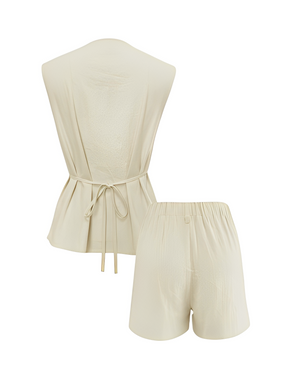 Conjunto Feminino de Linho com Colete de Amarração nas Costas e Bermuda de Cós Elástico - Eleanor
