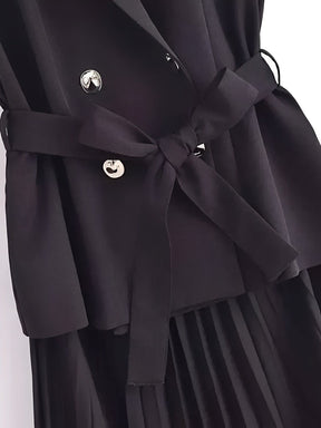 Vestido Feminino Midi de Alfaiataria sem Mangas com Decote V Plissado - Simona