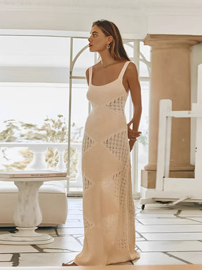 Vestido Feminino Longo Serena – Tricô Vazado com Alças Finas | Moda Verão Elegante