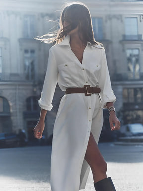 Vestido Feminino Chemise Decote em V com Abertura Frontal em Botões - Alexandra