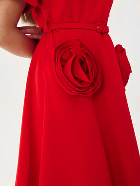 Vestido Feminino Midi Elegante com Aplique de Flor Cinto e Decote em V - Matilda
