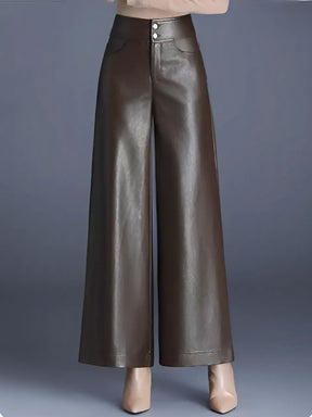 Calça Feminina Flare Cintura Alta em Couro Sintético com Fechamento em Botão - Ellie.