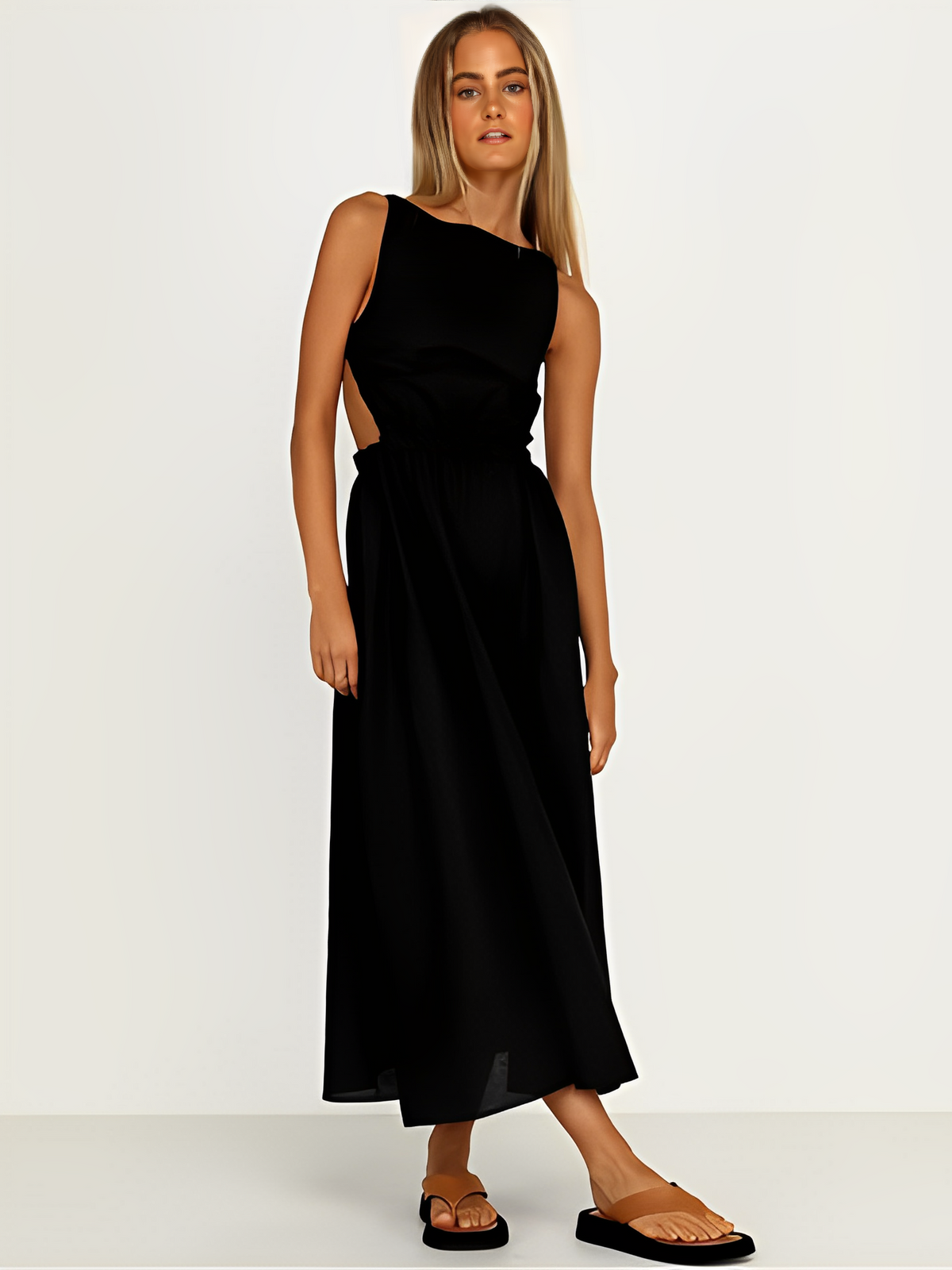 Vestido Feminino Midi sem Mangas com Elástico e Costas Abertas - Vera