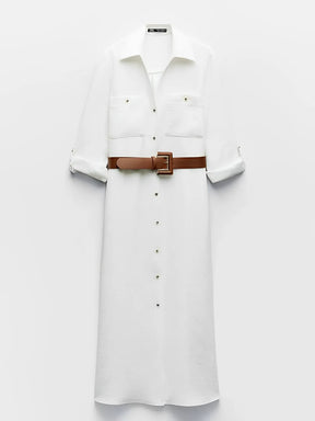 Vestido Feminino Chemise Decote em V com Abertura Frontal em Botões - Alexandra
