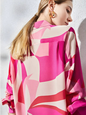 Camisa Feminina Estampada Elegante Rosa com Gola Polo e Botões - Rayra