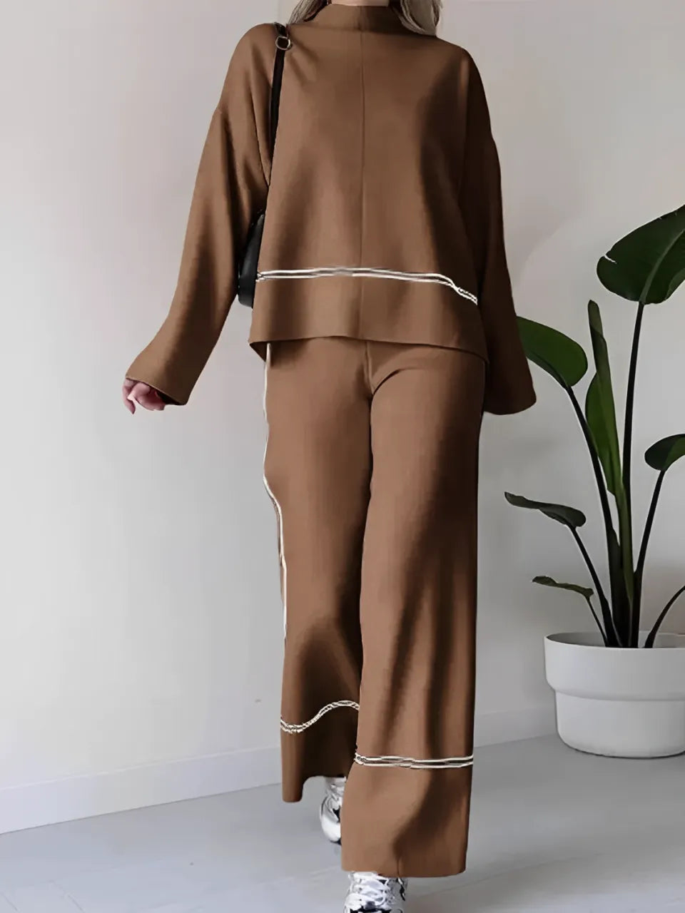 Conjunto Feminino Élise – Tricô com Suéter Mullet Gola Alta e Calça Cintura Alta Confortável