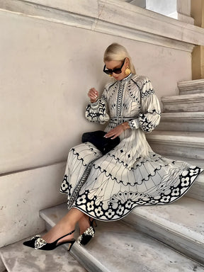 Vestido Feminino Midi Estampado Elegante com Gola Padre Cinto e Mangas Longas - Mia