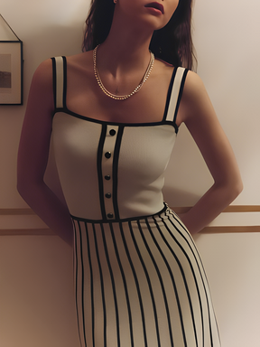 Vestido Feminino Midi Tricô Listrado Modelagem Evasê - Dandara