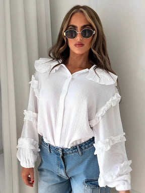 Camisa Feminina de Algodão com Babados nas Mangas e Gola - Chloe