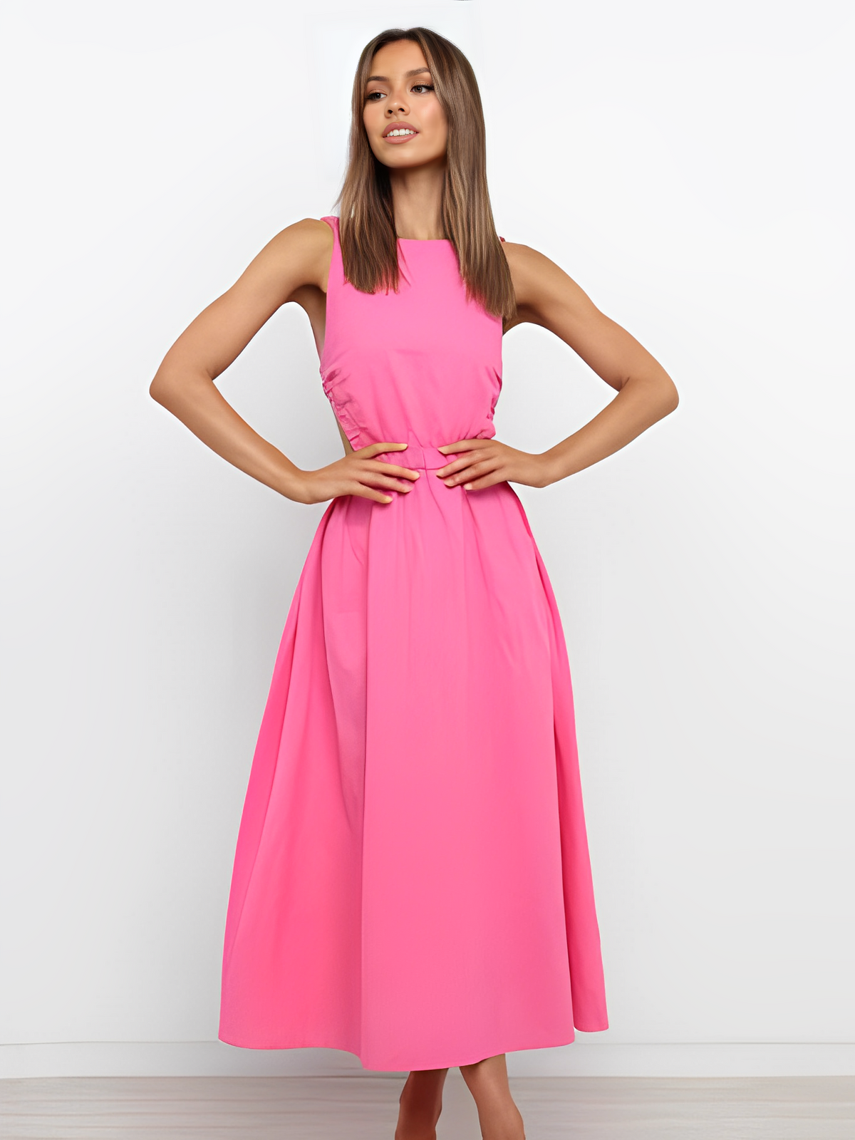 Vestido Feminino Midi sem Mangas com Elástico e Costas Abertas - Vera