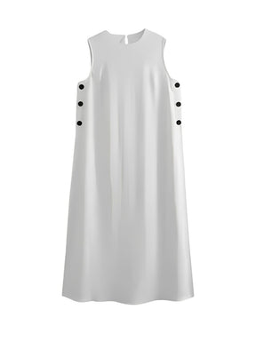 Vestido Feminino Longo com Botões Fenda Lateral e Decote Redondo - Louise