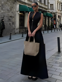 Vestido Feminino Longo Fechamento em Zíper no Busto com Cintura Império e Bolsos - Liriel