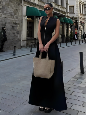 Vestido Feminino Longo Fechamento em Zíper no Busto com Cintura Império e Bolsos - Liriel