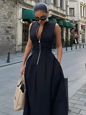 Vestido Feminino Longo Fechamento em Zíper no Busto com Cintura Império e Bolsos - Liriel