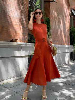 Vestido Feminino Midi Tecido Canelado com Cinto e Modelagem Evasê - Roberta