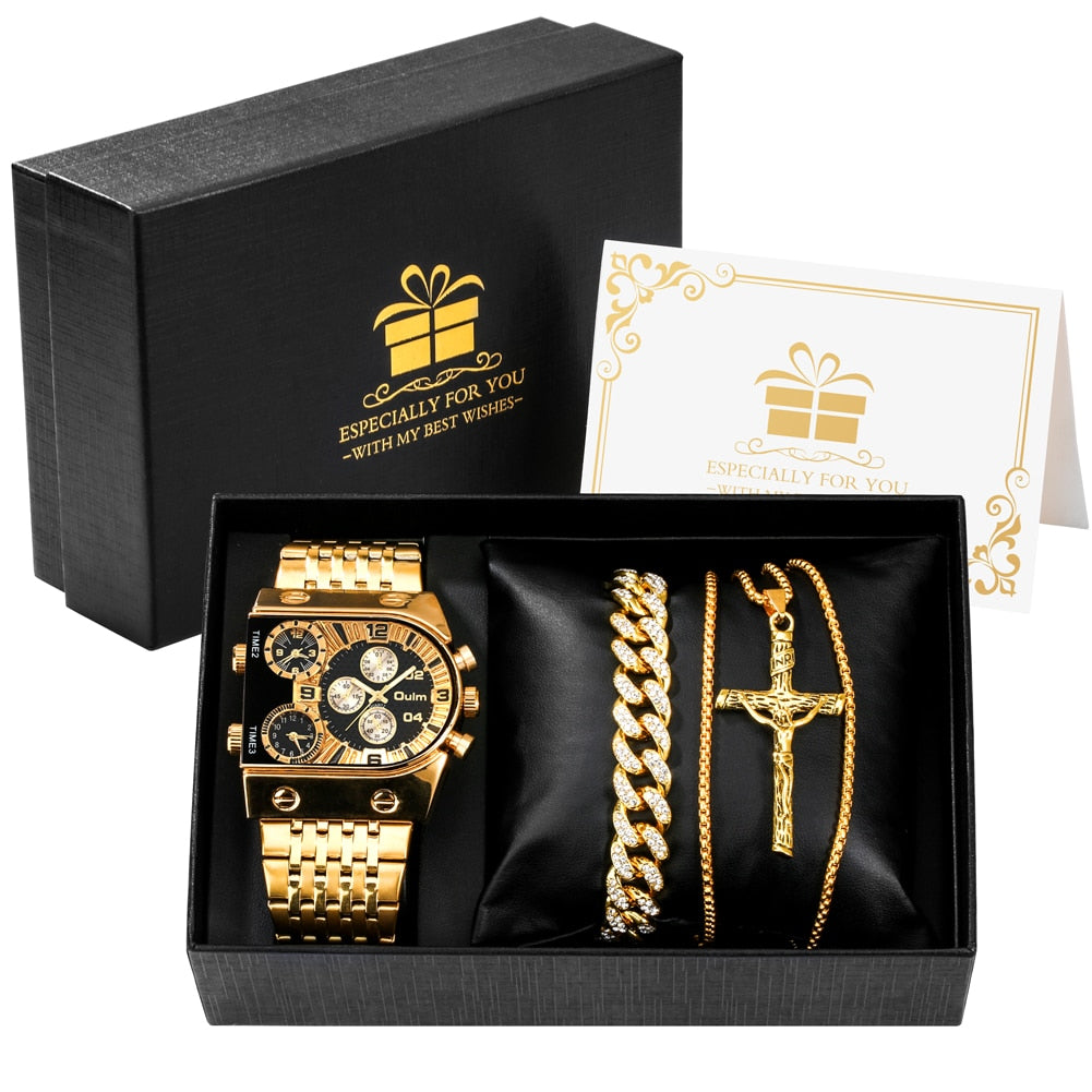 Kit Luxury Relógio Corrente e Pulseira Aço Inoxidável