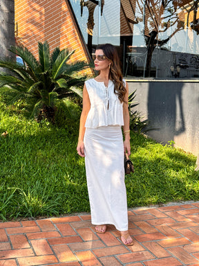 Conjunto Feminino com Blusa Amarração Frontal Plissada e Saia Longa com Zíper - Evie