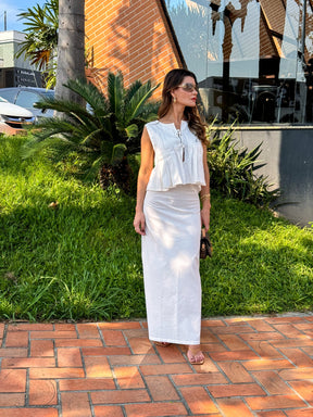Conjunto Feminino com Blusa Amarração Frontal Plissada e Saia Longa com Zíper - Evie