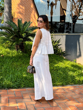 Conjunto Feminino com Blusa Amarração Frontal Plissada e Saia Longa com Zíper - Evie