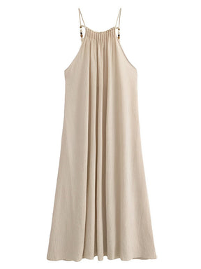 Vestido Feminino Longo em Linho com Pedrarias e Amarração nas Costas - Athena