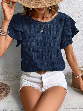Blusa Feminina Texturizada com Babados nas Mangas e Gola Redonda - Sofia