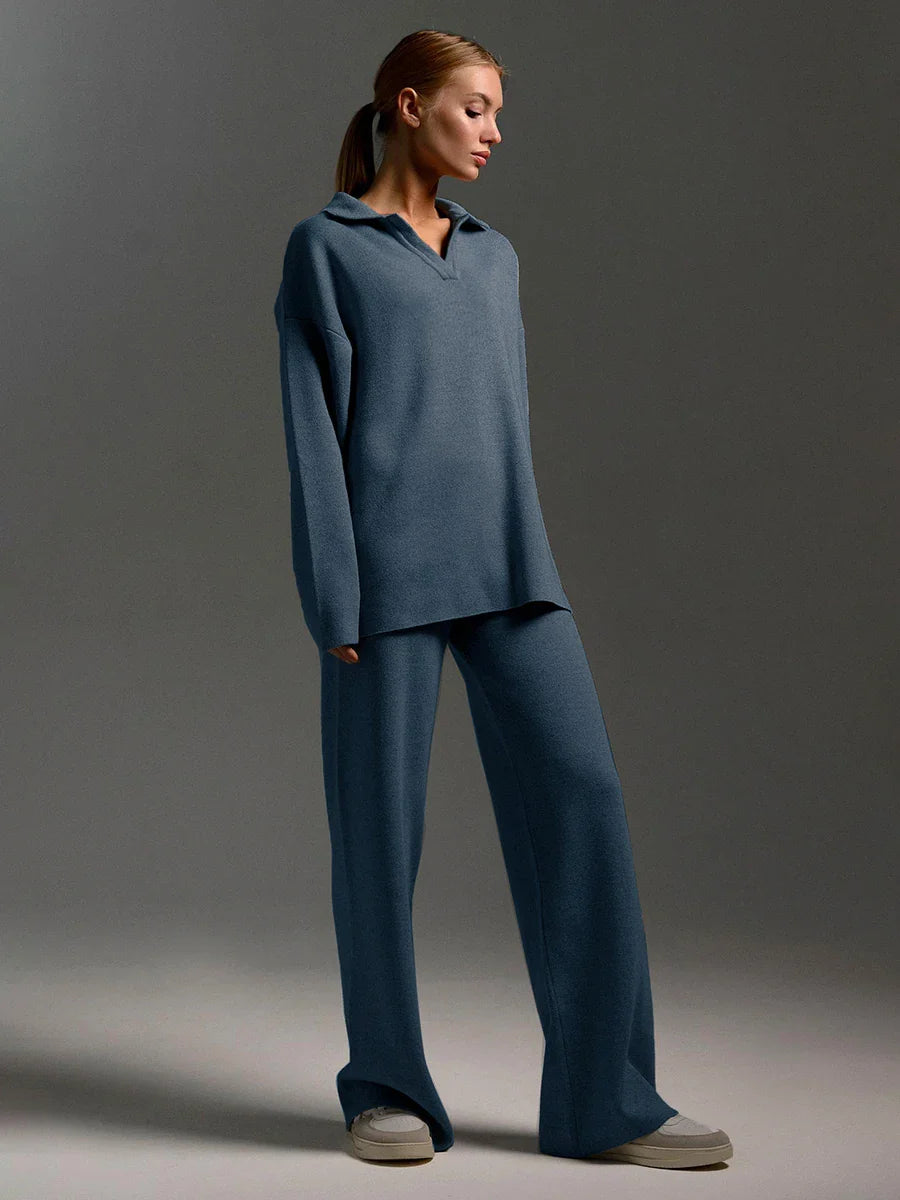 Conjunto Feminino com Suéter Gola Polo e Calça Flare com Elástico na Cintura - Isis
