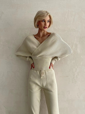 Conjunto Feminino Blusa Canelada Ombro a Ombro com Punhos e Calça Cós Elástico Ajustável com Bolsos - Olivia