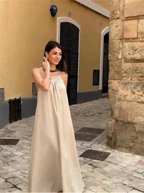 Vestido Feminino Longo em Linho com Pedrarias e Amarração nas Costas - Athena