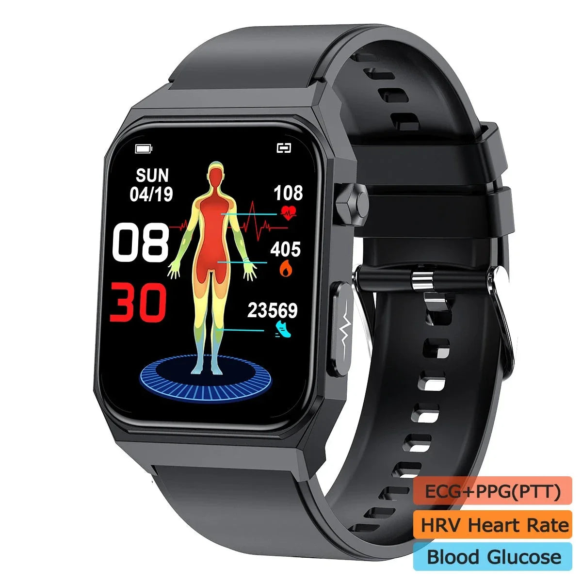 Relógio Digital  ECG + PPG, freqüência cardíaca, monitor de correia, sangue, glicose, pressão, oxigênio, temperatura corporal Smartwatch, 1,9"