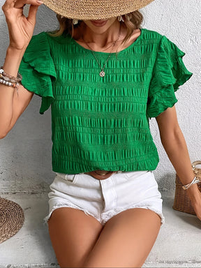 Blusa Feminina Texturizada com Babados nas Mangas e Gola Redonda - Sofia