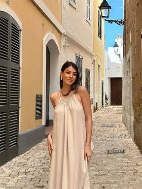 Vestido Feminino Longo em Linho com Pedrarias e Amarração nas Costas - Athena