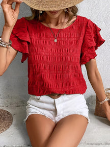 Blusa Feminina Texturizada com Babados nas Mangas e Gola Redonda - Sofia