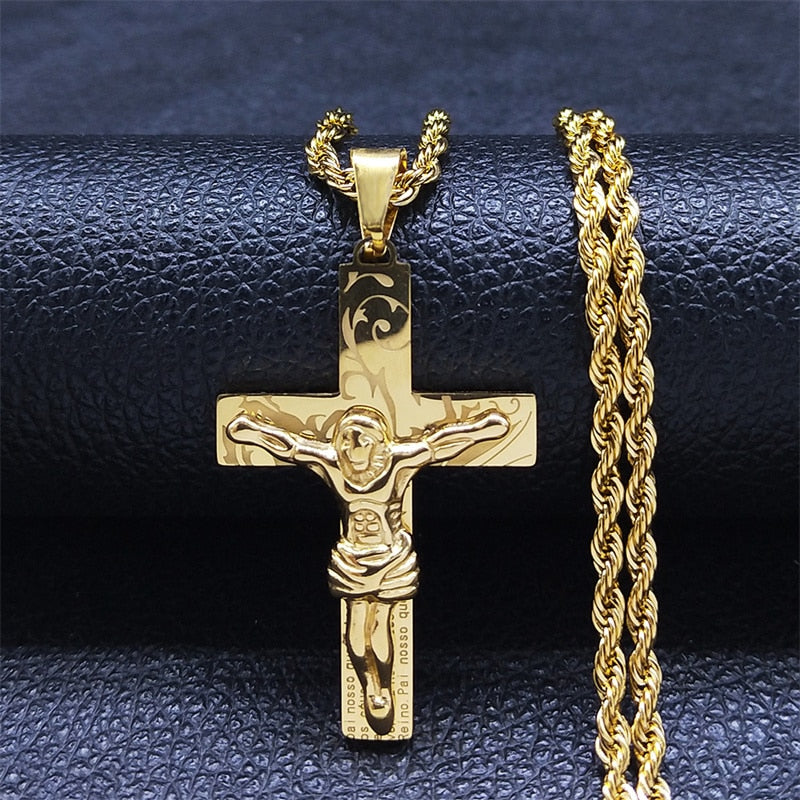 Corrente Crucifico com Pai Nosso Banhando a ouro 18k