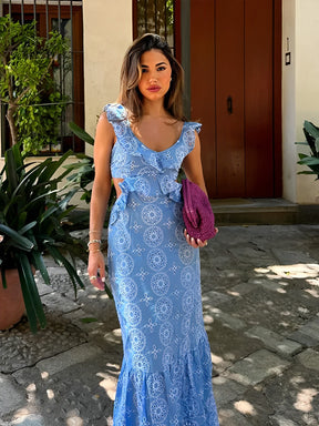 Vestido Feminino Longo Laise Recortes na Cintura e Babados - Catarina